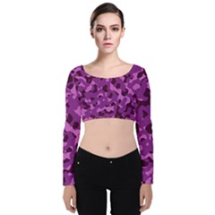 Dark Purple Camouflage Pattern Velvet Long Sleeve Crop Top