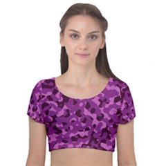 Dark Purple Camouflage Pattern Velvet Short Sleeve Crop Top 