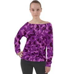 Dark Purple Camouflage Pattern Off Shoulder Long Sleeve Velour Top