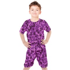 Dark Purple Camouflage Pattern Kids  Tee And Shorts Set by SpinnyChairDesigns