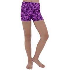 Dark Purple Camouflage Pattern Kids  Lightweight Velour Yoga Shorts