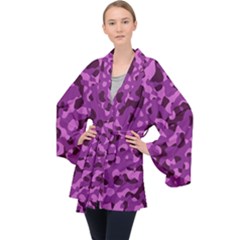 Dark Purple Camouflage Pattern Long Sleeve Velvet Kimono  by SpinnyChairDesigns