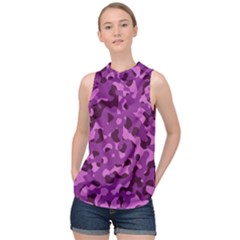 Dark Purple Camouflage Pattern High Neck Satin Top