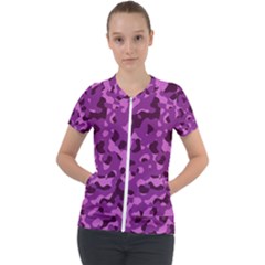 Dark Purple Camouflage Pattern Short Sleeve Zip Up Jacket