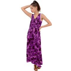 Dark Purple Camouflage Pattern V-Neck Chiffon Maxi Dress