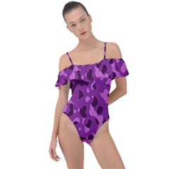 Dark Purple Camouflage Pattern Frill Detail One Piece Swimsuit