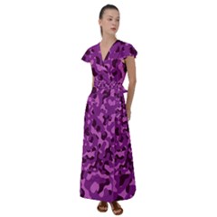 Dark Purple Camouflage Pattern Flutter Sleeve Maxi Dress