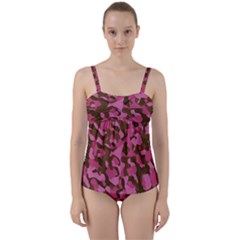 Pink And Brown Camouflage Twist Front Tankini Set by SpinnyChairDesigns