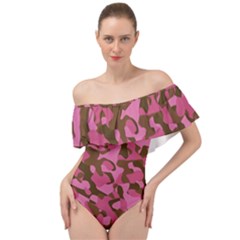 Pink And Brown Camouflage Off Shoulder Velour Bodysuit  by SpinnyChairDesigns