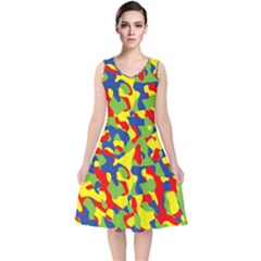 Colorful Rainbow Camouflage Pattern V-neck Midi Sleeveless Dress  by SpinnyChairDesigns