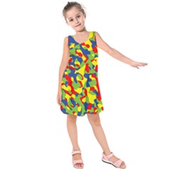Colorful Rainbow Camouflage Pattern Kids  Sleeveless Dress by SpinnyChairDesigns