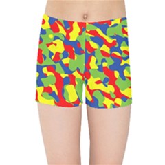 Colorful Rainbow Camouflage Pattern Kids  Sports Shorts by SpinnyChairDesigns