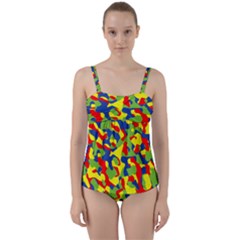 Colorful Rainbow Camouflage Pattern Twist Front Tankini Set