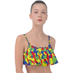 Colorful Rainbow Camouflage Pattern Frill Bikini Top by SpinnyChairDesigns