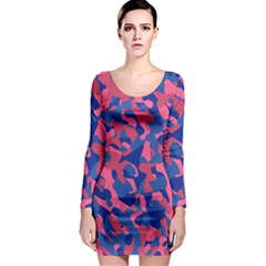 Blue And Pink Camouflage Pattern Long Sleeve Bodycon Dress by SpinnyChairDesigns