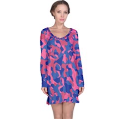 Blue And Pink Camouflage Pattern Long Sleeve Nightdress by SpinnyChairDesigns