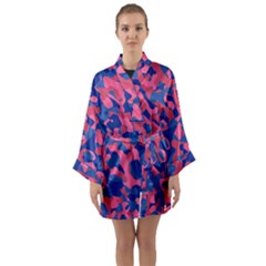 Blue And Pink Camouflage Pattern Long Sleeve Satin Kimono by SpinnyChairDesigns
