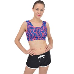 Blue And Pink Camouflage Pattern V-back Sports Bra by SpinnyChairDesigns