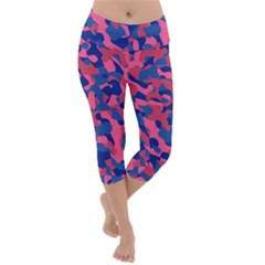 Blue And Pink Camouflage Pattern Lightweight Velour Capri Yoga Leggings by SpinnyChairDesigns