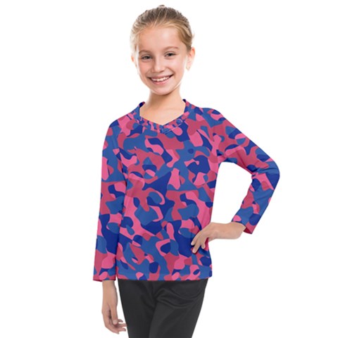 Blue And Pink Camouflage Pattern Kids  Long Mesh Tee by SpinnyChairDesigns