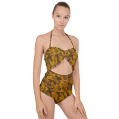 Brown And Orange Camouflage Scallop Top Cut Out Swimsuit by SpinnyChairDesigns