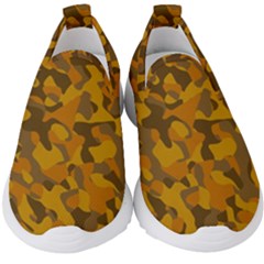 Brown And Orange Camouflage Kids  Slip On Sneakers by SpinnyChairDesigns