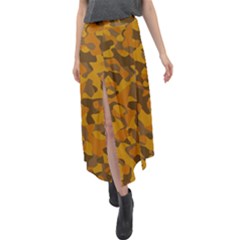 Brown And Orange Camouflage Velour Split Maxi Skirt by SpinnyChairDesigns