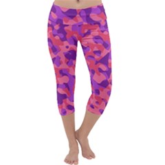 Pink And Purple Camouflage Capri Yoga Leggings by SpinnyChairDesigns