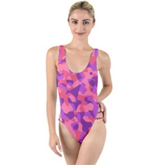 Pink And Purple Camouflage High Leg Strappy Swimsuit by SpinnyChairDesigns