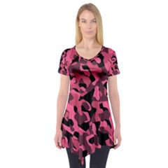 Black And Pink Camouflage Pattern Short Sleeve Tunic  by SpinnyChairDesigns