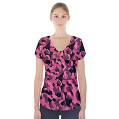 Black And Pink Camouflage Pattern Short Sleeve Front Detail Top by SpinnyChairDesigns