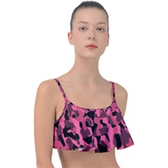 Black And Pink Camouflage Pattern Frill Bikini Top by SpinnyChairDesigns