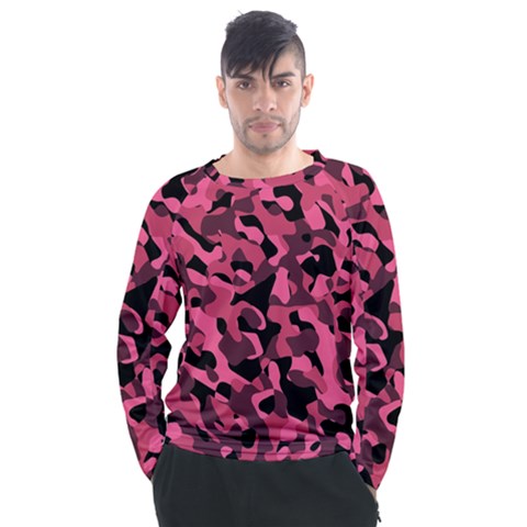 Black And Pink Camouflage Pattern Men s Long Sleeve Raglan Tee by SpinnyChairDesigns