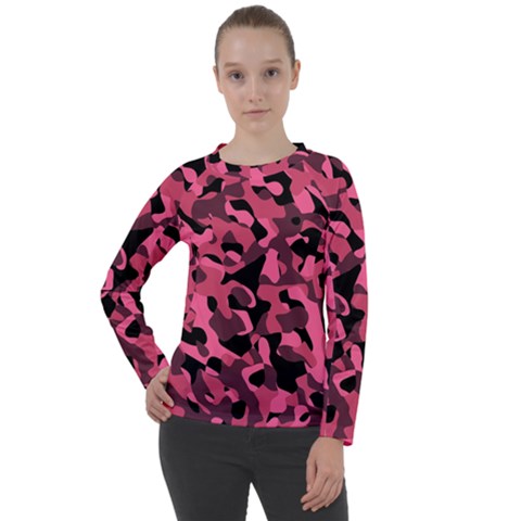Black And Pink Camouflage Pattern Women s Long Sleeve Raglan Tee by SpinnyChairDesigns
