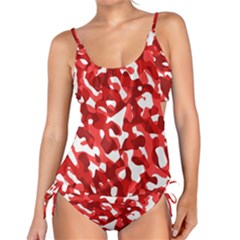 Red And White Camouflage Pattern Tankini Set by SpinnyChairDesigns