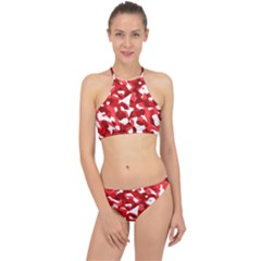 Red And White Camouflage Pattern Racer Front Bikini Set by SpinnyChairDesigns