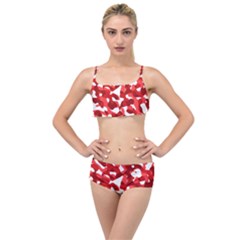 Red And White Camouflage Pattern Layered Top Bikini Set by SpinnyChairDesigns