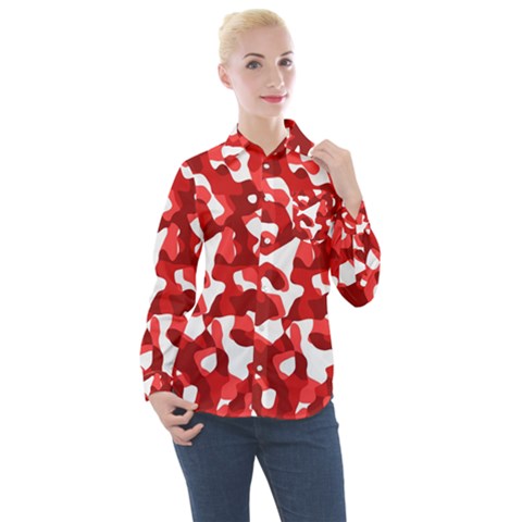 Red And White Camouflage Pattern Women s Long Sleeve Pocket Shirt by SpinnyChairDesigns