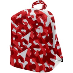 Red And White Camouflage Pattern Zip Up Backpack by SpinnyChairDesigns