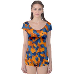 Blue And Orange Camouflage Pattern Boyleg Leotard  by SpinnyChairDesigns