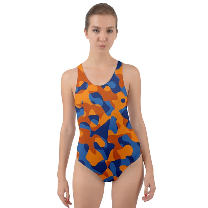 Blue and Orange Camouflage Pattern Cut-Out Back One Piece Swimsuit