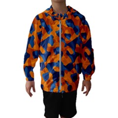 Blue And Orange Camouflage Pattern Kids  Hooded Windbreaker by SpinnyChairDesigns