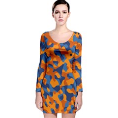 Blue And Orange Camouflage Pattern Long Sleeve Velvet Bodycon Dress by SpinnyChairDesigns