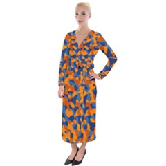 Blue And Orange Camouflage Pattern Velvet Maxi Wrap Dress by SpinnyChairDesigns