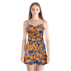 Blue And Orange Camouflage Pattern Satin Pajamas Set by SpinnyChairDesigns