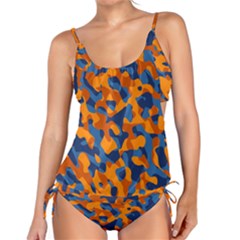 Blue And Orange Camouflage Pattern Tankini Set by SpinnyChairDesigns