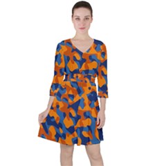 Blue And Orange Camouflage Pattern Ruffle Dress