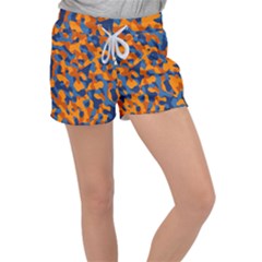 Blue And Orange Camouflage Pattern Velour Lounge Shorts by SpinnyChairDesigns