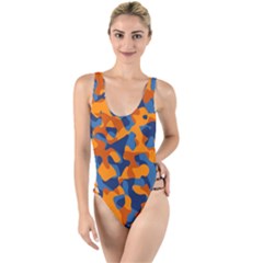 Blue And Orange Camouflage Pattern High Leg Strappy Swimsuit by SpinnyChairDesigns
