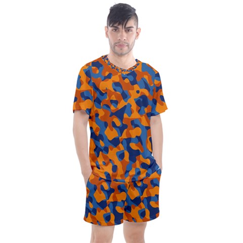 Blue And Orange Camouflage Pattern Men s Mesh Tee And Shorts Set by SpinnyChairDesigns